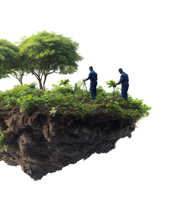 A small floating island with young trees and two workers planting.