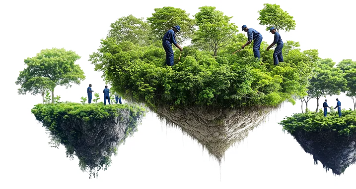 Three floating islands covered in young forest, with workers tending the trees.